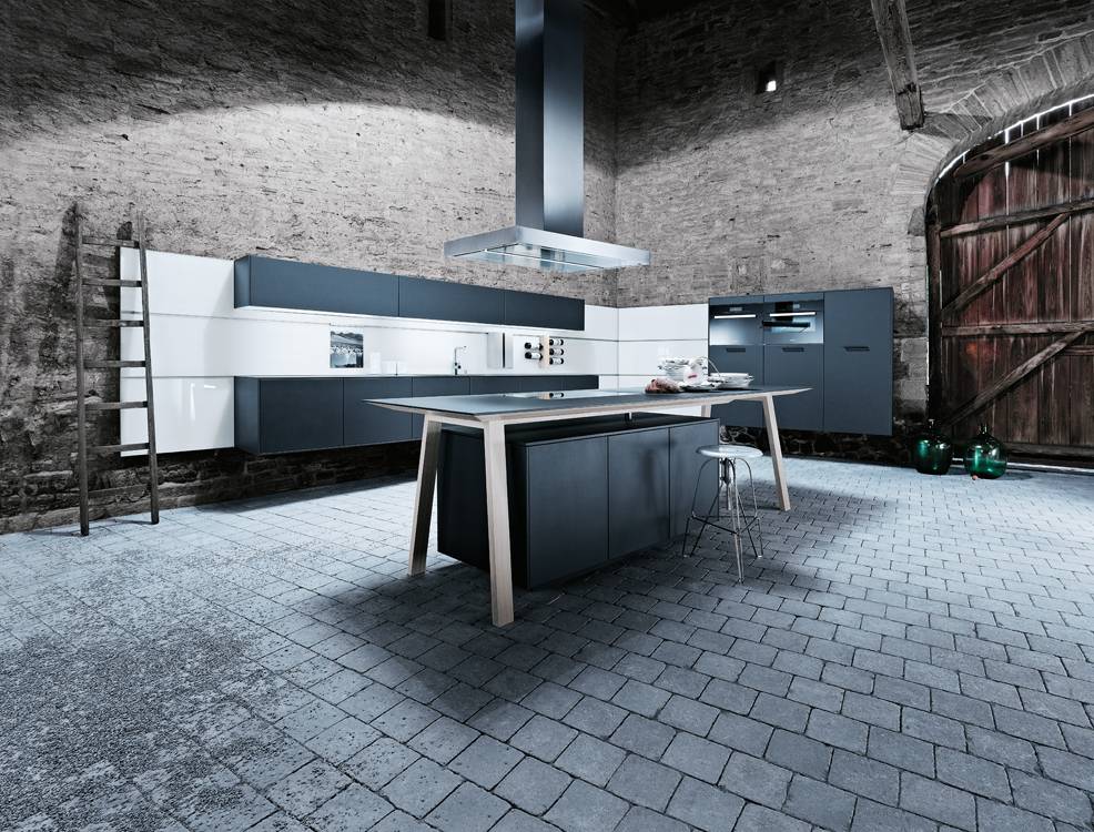 Cuisine haut de gamme avec îlot central sans poignées, design minimal et lignes épurées offrant une ambiance contemporaine et équilibrée