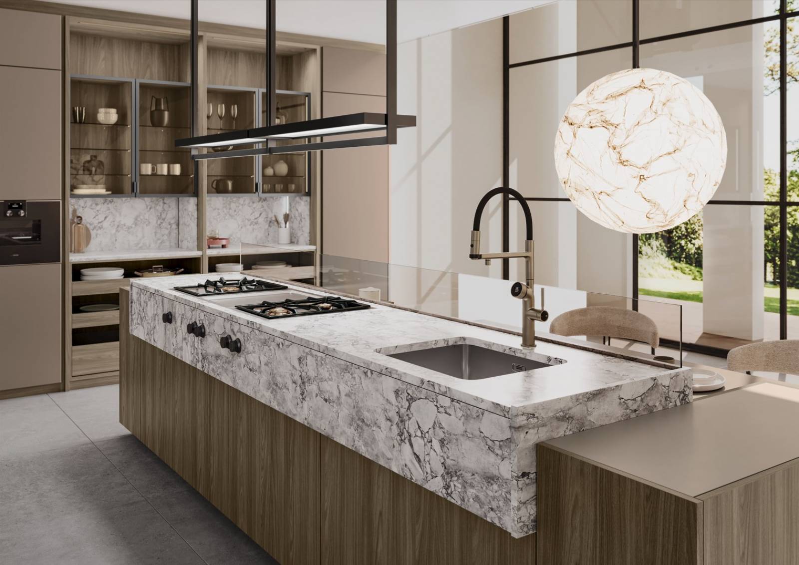 Cuisine sur mesure en bois sans poignées avec plan en pierre massif, design épuré et matériaux nobles pour un intérieur contemporain